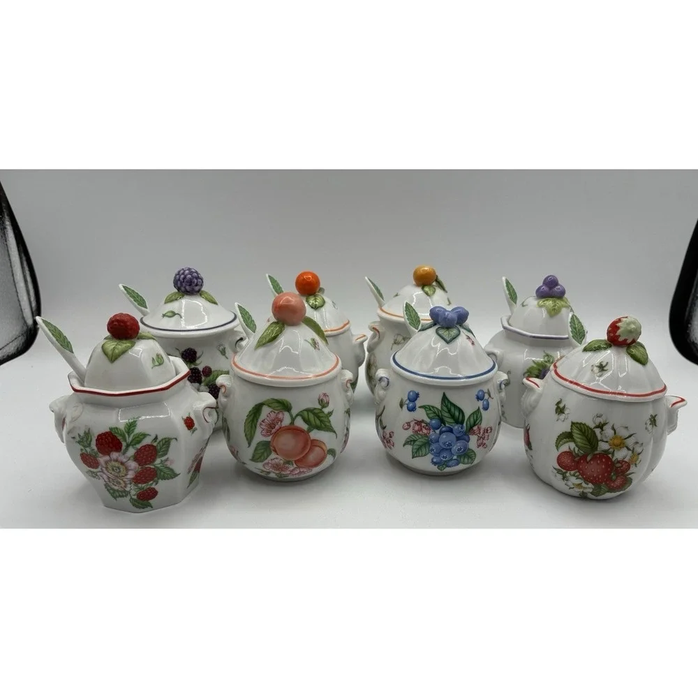 Vintage 1991 Lenox Orchard Porcelain Jam/Jelly Jars - Set of 8 with 8 spoons